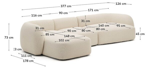 Krémová žinylková rohová pohovka (levý roh/s lenoškou) Martina – Kave Home