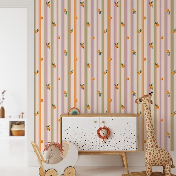 Tapety Oranžové ovoce na pestrobarevných pruzích, Tapety geometrie, Tapety pruhy, a01263v2 : uwalls.cz
