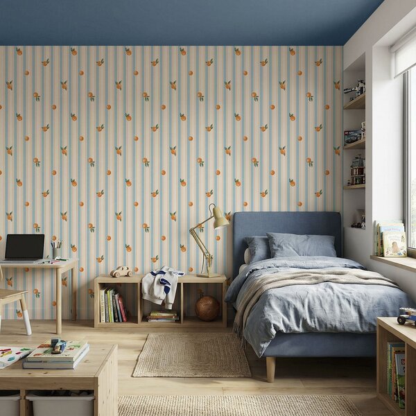 Tapety Oranžové plody na světle modrých a krémových pruzích, Tapety geometrie, Tapety pruhy, a01263v1 : uwalls.cz