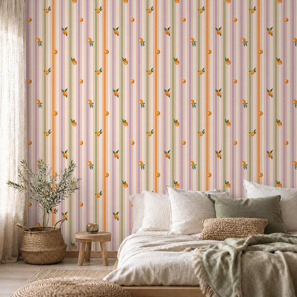 Tapety Oranžové ovoce na pestrobarevných pruzích, Tapety geometrie, Tapety pruhy, a01263v2 : uwalls.cz