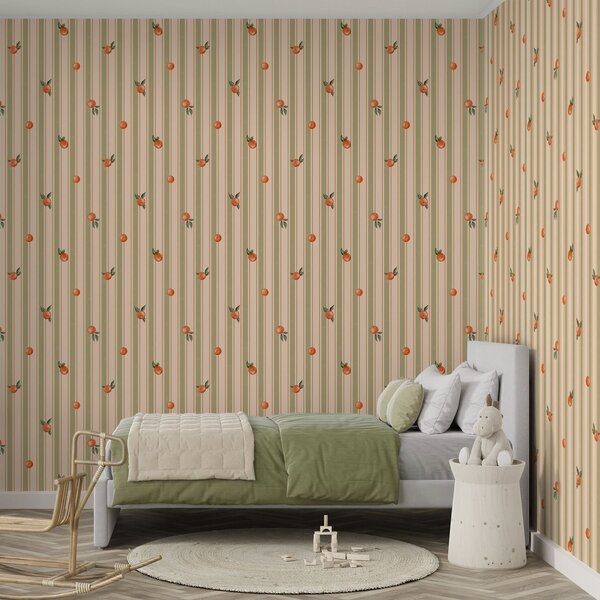 Tapety Oranžové ovoce na olivově zelených a krémových pruzích, Tapety geometrie, Tapety pruhy, a01263v3 : uwalls.cz