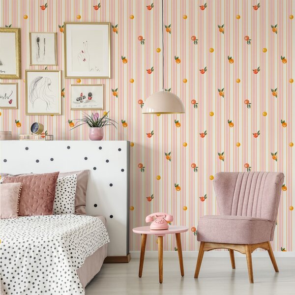 Tapety Oranžové plody na růžových a krémových pruzích, Tapety geometrie, Tapety pruhy, a01263v4 : uwalls.cz
