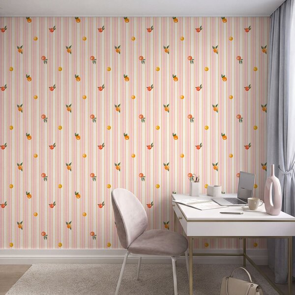 Tapety Oranžové plody na růžových a krémových pruzích, Tapety geometrie, Tapety pruhy, a01263v4 : uwalls.cz