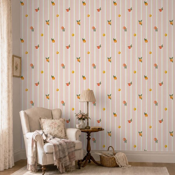 Tapety Oranžové plody na růžových a krémových pruzích, Tapety geometrie, Tapety pruhy, a01263v4 : uwalls.cz