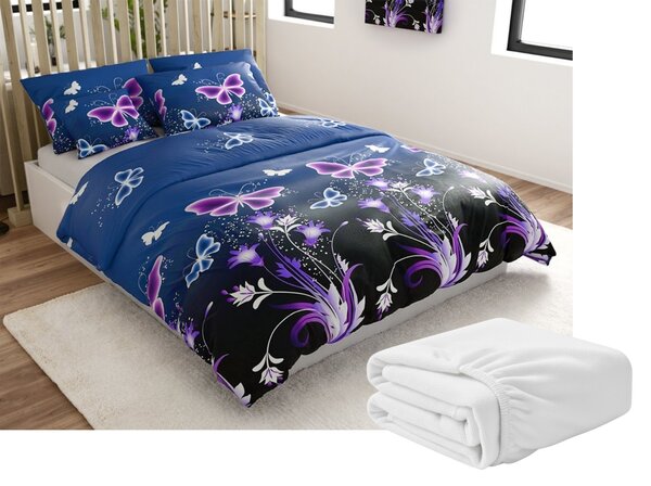 Sada mikroplyšového povlečení VIOLET BUTTERFLY tmavě modré + prostěradlo mikroplyš SOFT 180x200 cm bílé, dvoulůžko