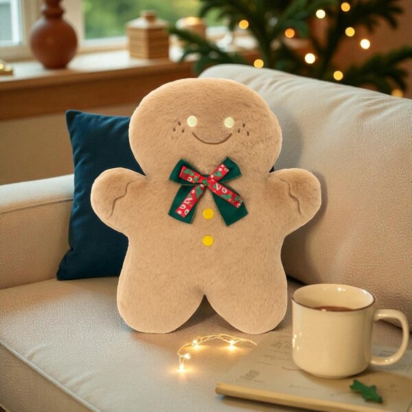 Sametový dekorační polštář ve tvaru perníčku GINGERBREAD, béžový