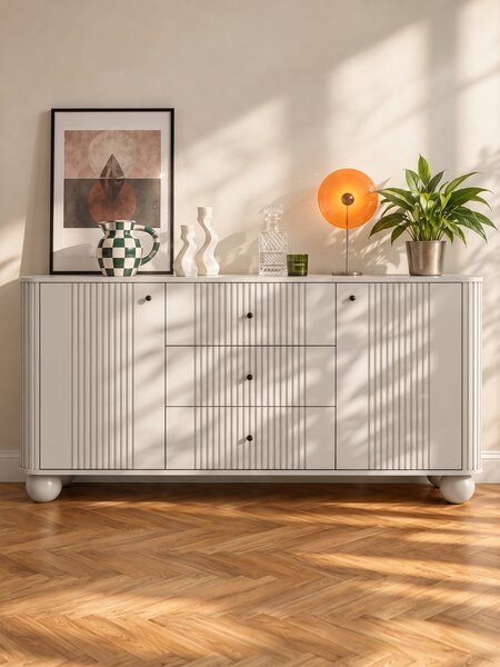 Komoda se šuplíky Vesper 160 cm - kašmír / černé úchytky / kulaté nohy