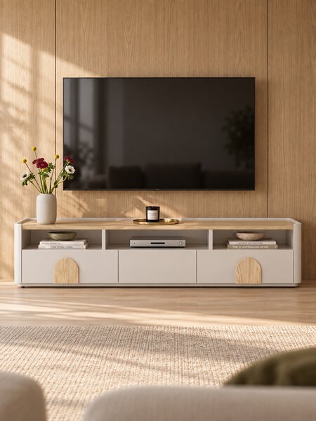 TV stolek Amilio 200 cm - kašmírová / dub olejovaný / úchytky dub světlý
