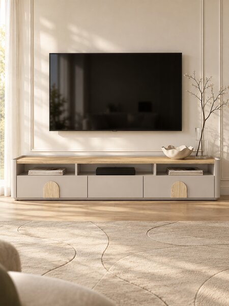 TV stolek Amilio 200 cm - kašmírová / dub olejovaný / úchytky dub světlý
