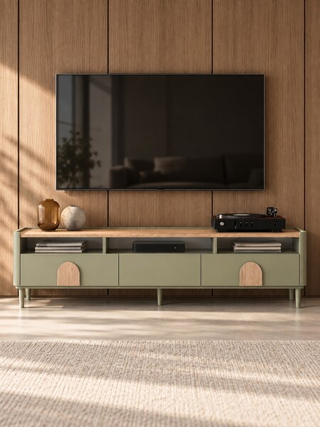 TV stolek Amilio 200 cm na nožkách - eukalyptus / dub baltic dune / úchytky dub přírodní
