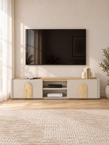 TV stolek Amilio 170 cm se zásuvkou - kašmír / olejovaný dub / úchyty světlý dub