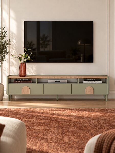 TV stolek Amilio 200 cm na nožkách - eukalyptus / dub baltic dune / úchytky dub přírodní
