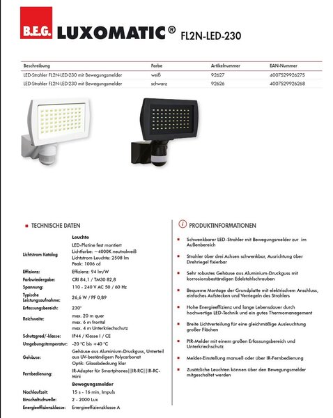 BEG 92627 LED reflektor FL2N-LED-230 bílá 2508lm 4000K 26,6W se senzorem pohybu - BEG