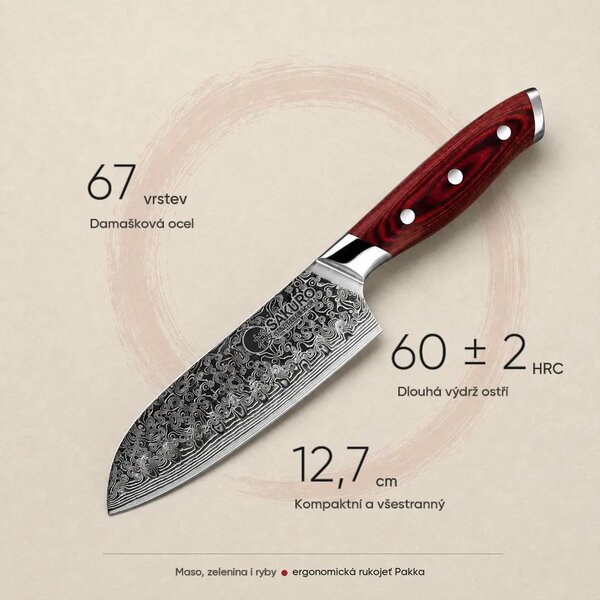Santoku nůž z damaškové oceli SaKuRo Red Pakka 12,7 cm