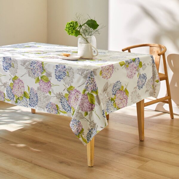 Voskovaný ubrus s potiskem hortenzií bílá/modrá průměr 140 cm