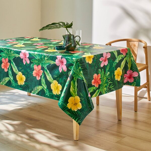 Voskovaný ubrus s potiskem ibišku zelená/vícebarevná průměr 140 cm