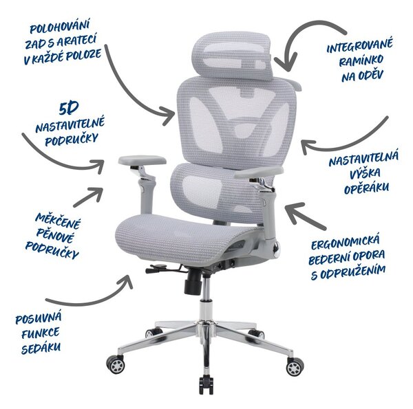 Kancelářská ergonomická židle PORTE — síťovina, šedá