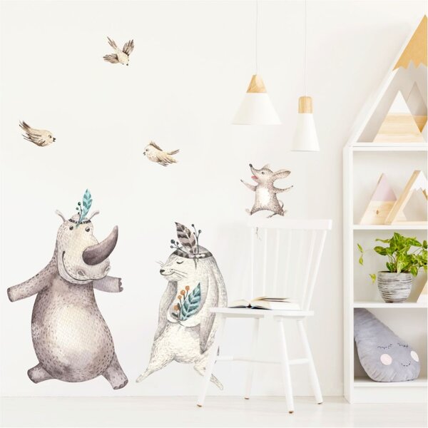 Dětská nálepka na zeď Forest team - nosorožec, zajíček, myška a ptáčci Rozměry: 66 x 44 cm