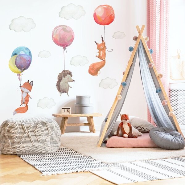 Dětská nálepka na zeď Zvířátka s balony, liška, ježek a veverka