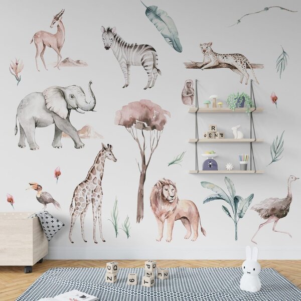 Dětská nálepka na zeď Savanna - slon, nosorožec, žirafa, lev a jiná zvířata