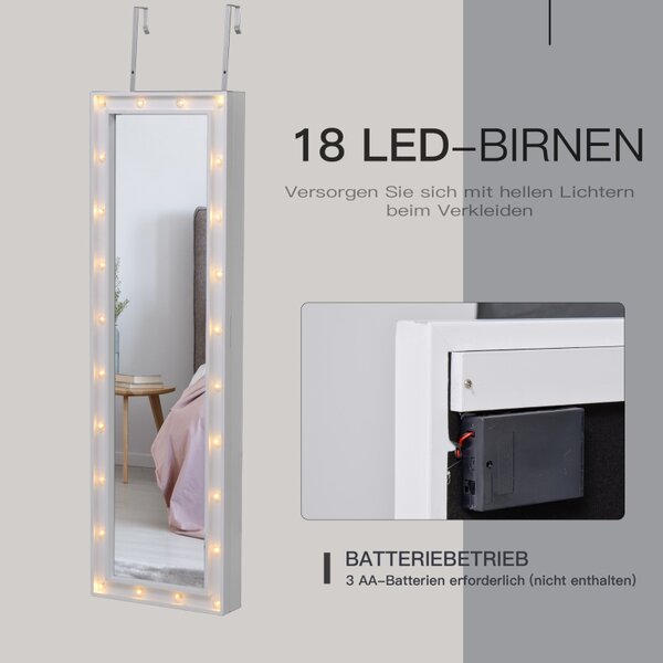 Skříňka na šperky (šperkovnice) se zrcadlem a LED osvětlením, nástěnná / závěsná, bílá, 36,6 x 8 x 120 cm 831-330