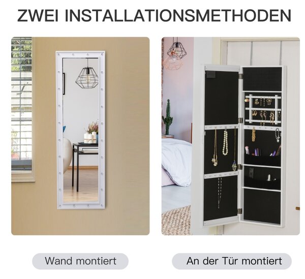 Skříňka na šperky (šperkovnice) se zrcadlem a LED osvětlením, nástěnná / závěsná, bílá, 36,6 x 8 x 120 cm 831-330