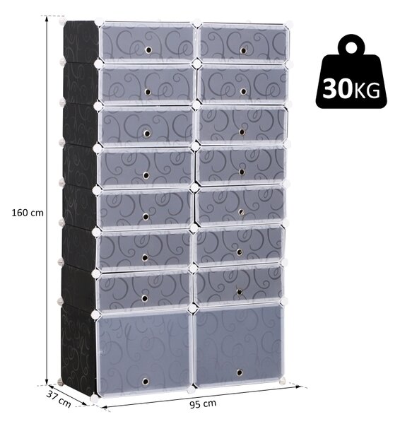 Botník modulární bezšroubový pro 32 párů bot, plast/kov, černo-bílý 95 x 37 x 160 cm 837-017