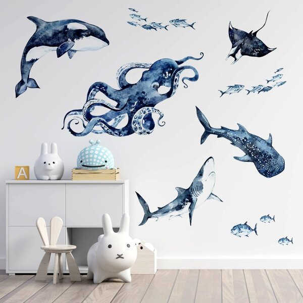 Dětská nálepka na zeď Ocean - kosatka, žralok, chobotnice, rejnok