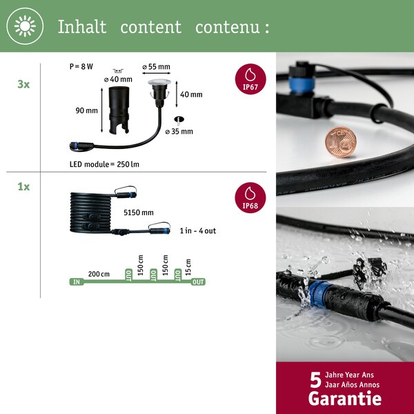 Paulmann 93949 Plug&Shine Mini, rozšiřovací set zápustných svítidel do exteriéru 3x2,5W LED 3000K stmívatelné, stříbrná, IP65