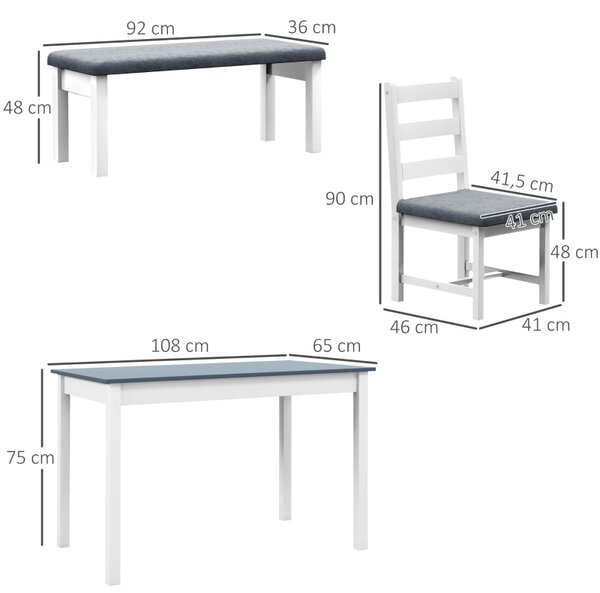 HOMCOM Jídelní sestava 4-dílná (1 stůl, 1 lavice, 2 židle), šedo-bílá 835-913V00GY