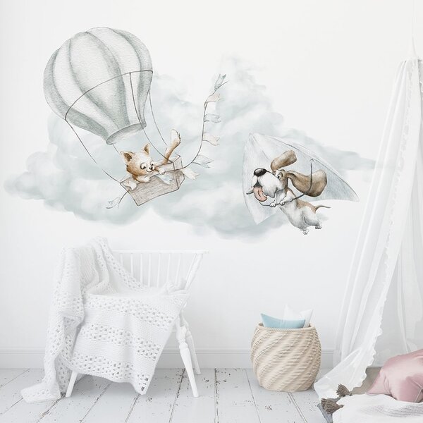 Dětská nálepka na zeď Adventure in the sky - kočka v balónu a pejsek na rogalu Rozměry: 100 x 55 cm