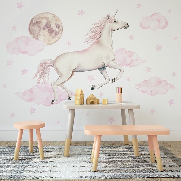 Dětská nálepka na zeď Pastelový jednorožec, obláčky, měsíc a hvězdičky Barva: Růžová