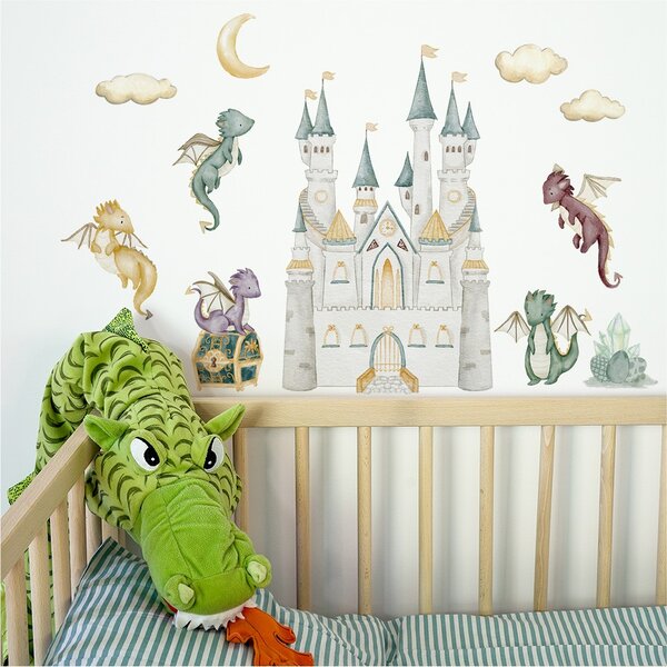 Dětská nálepka na zeď The world of dragons - draci, vajíčka, poklad, diamanty a zámek