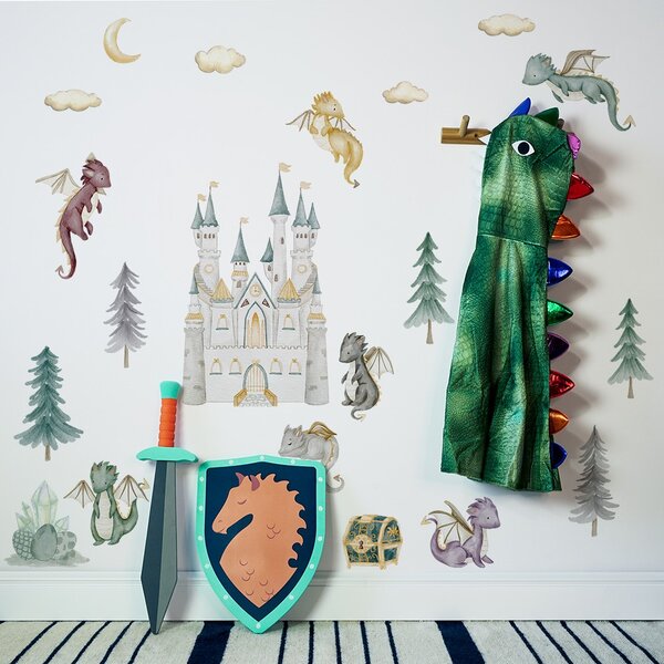 Dětská nálepka na zeď The world of dragons - draci, vajíčka, zámek, poklad a diamanty