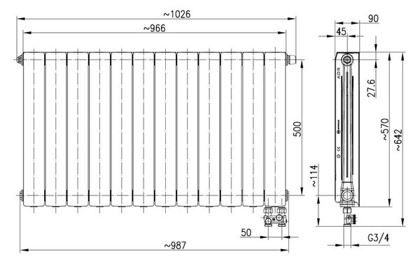 KFA Armatura ADR pokojový radiátor 57x96.6 cm podłączenie spodní bílá 763-122-44