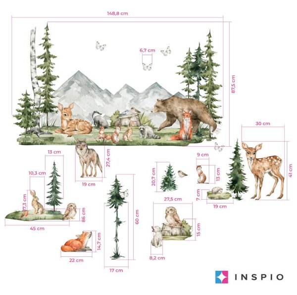 INSPIO-textilní přelepitelná samolepka - Samolepky na zeď pro děti - Forest, lesní zvířátka do dětského pokoje