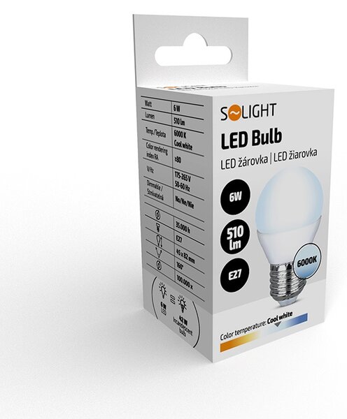 SOLIGHT LED žárovka miniglobe matná G45 6W, E27, 6000K, 510lm