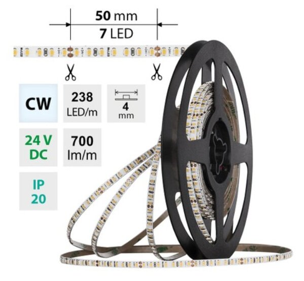 ML-126.044.90.9-04000.1000X03 AKCE - LED pásek SMD2216 CW 238LED/m 7,2W/m DC 24V 700lm/m CRI90 IP20 4mm délka 4m vodič A 1,0m-X03