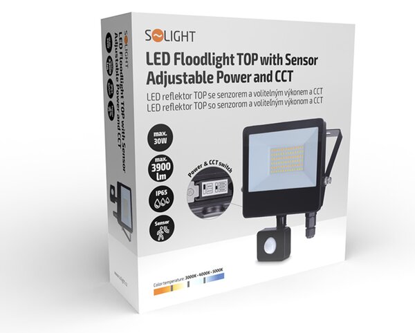 Solight LED reflektor se senzorem TOP, 30W, max. 3900lm, 3CCT, volitený výkon 100/66%, IP65, rychlospojka WM-30WS-T