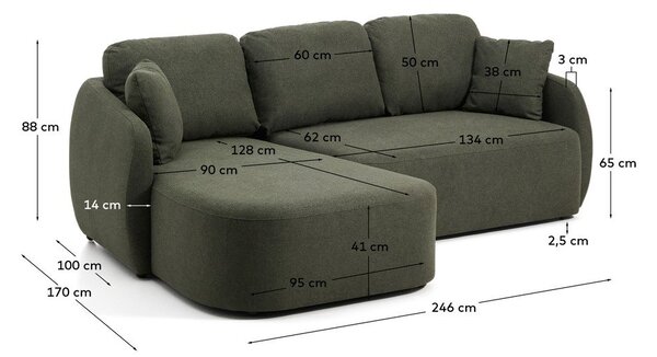 Tmavě zelená žinylková rozkládací rohová pohovka (levý roh/s lenoškou) Laira – Kave Home