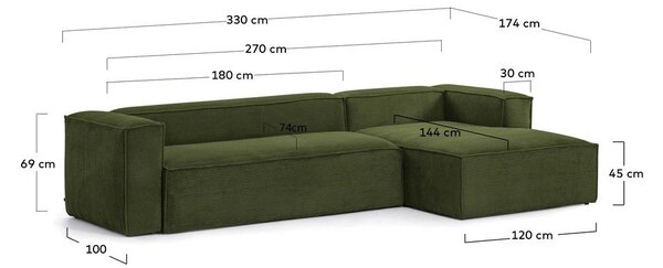 Zelená manšestrová rohová pohovka (pravý roh/s lenoškou) Blok – Kave Home
