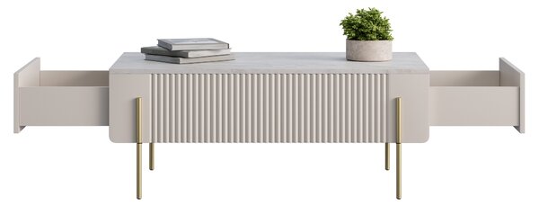 Moderní konferenční stolek Malmi 100 cm se zásuvkami - kašmír / crema bianca / zlaté nohy