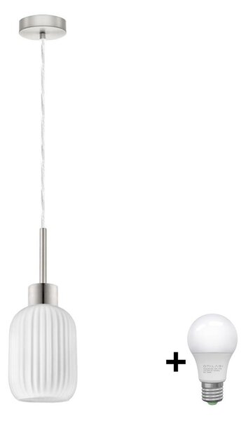 LED Lustr na lanku HARMA 1xE27/60W/230V pr. 14 cm matný chrom/bílá