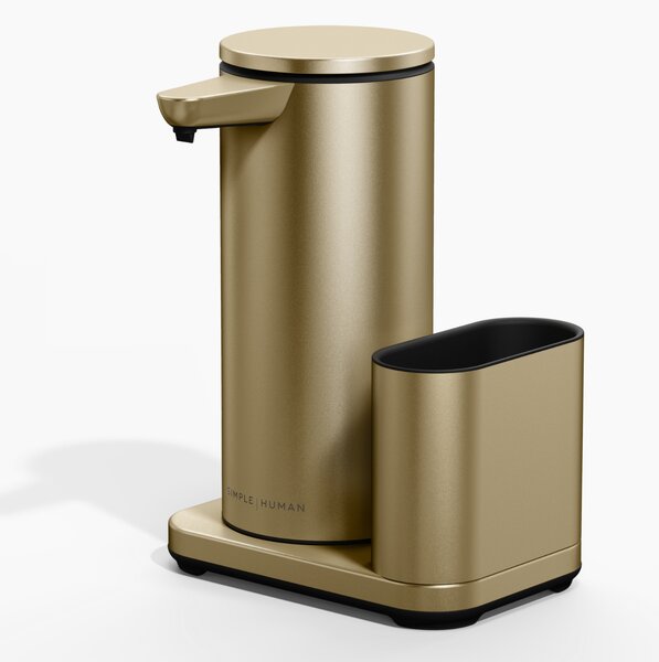 Simplehuman bezdotykový dávkovač – 414 ml + držák na houbičku, matná zlatá ocel