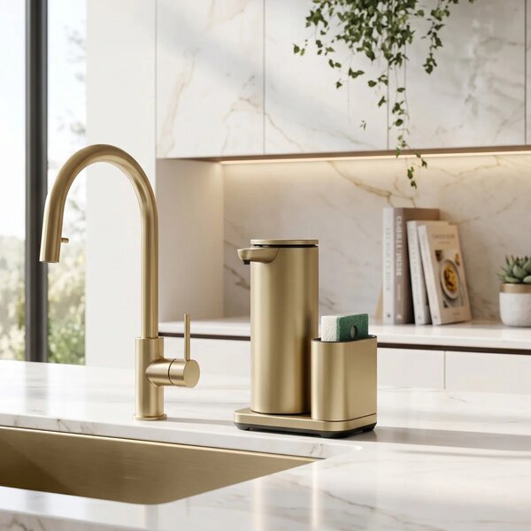 Simplehuman bezdotykový dávkovač – 414 ml + držák na houbičku, matná zlatá ocel