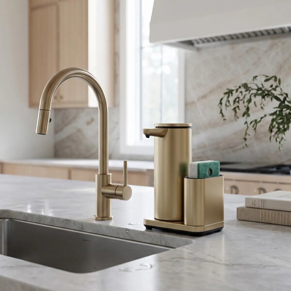 Simplehuman bezdotykový dávkovač – 414 ml + držák na houbičku, matná zlatá ocel