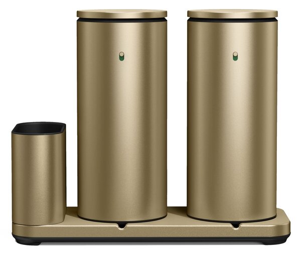 Simplehuman bezdotykový dávkovač, dvojitý, 2x 414 ml + držák na houbičku, matná zlatá ocel