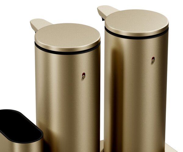 Simplehuman bezdotykový dávkovač, dvojitý, 2x 414 ml + držák na houbičku, matná zlatá ocel