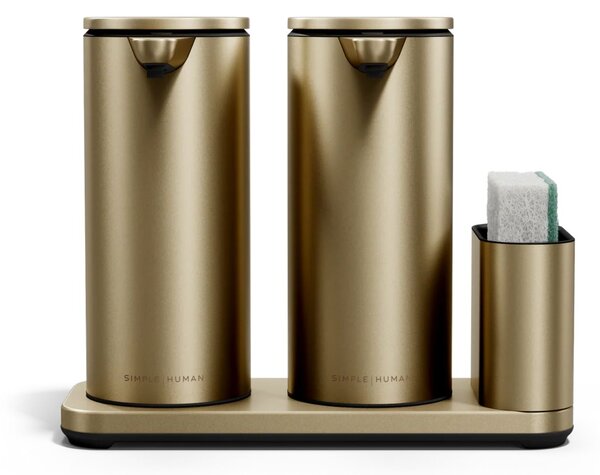 Simplehuman bezdotykový dávkovač, dvojitý, 2x 414 ml + držák na houbičku, matná zlatá ocel
