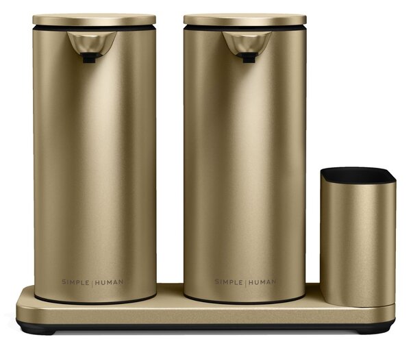 Simplehuman bezdotykový dávkovač, dvojitý, 2x 414 ml + držák na houbičku, matná zlatá ocel